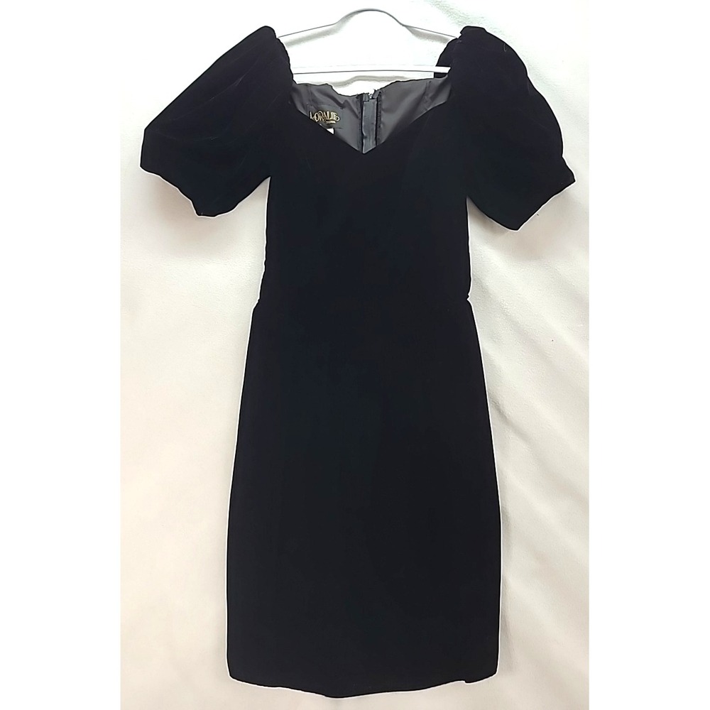 Vintage 80s Loralie Original Black‎ Velvet Dress Puff Sleeves Sz 10 Made in USA